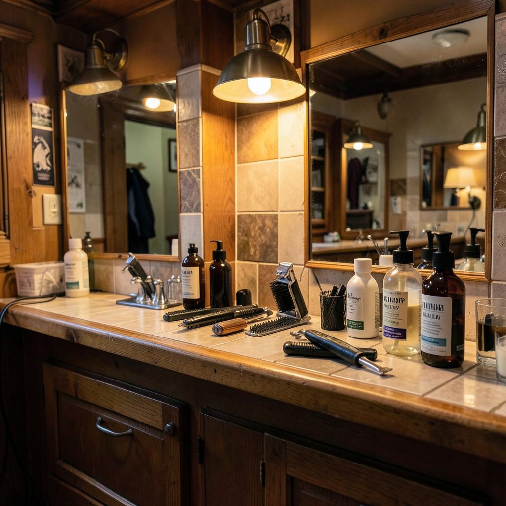 Barbershop counter with clippers and products