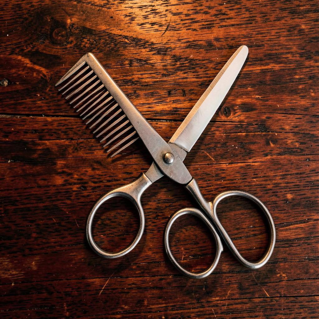 Classic comb and scissors on dark timber